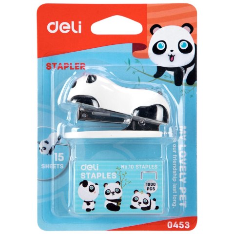 Zszywacz do 15 kartek zszywki 10 panda biały E0453 DELI Zszywacz do 15 kartek zszywki 10 panda biały E0453 DELI