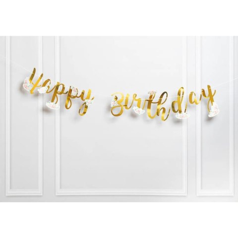 Baner urodzinowy złoty napis Happy Birthday z elementami kwiatów BF-984 GO PARTY Baner urodzinowy złoty napis Happy Birthday z elementami kwiatów BF-984 GO PARTY