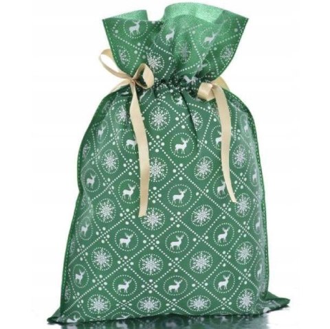 Worek upominkowy materiałowy zielony RENIFERY + PŁATKI ŚNIEGU 20x30cm PaKaDo Worek upominkowy materiałowy zielony RENIFERY + PŁATKI ŚNIEGU 20x30cm PaKaDo
