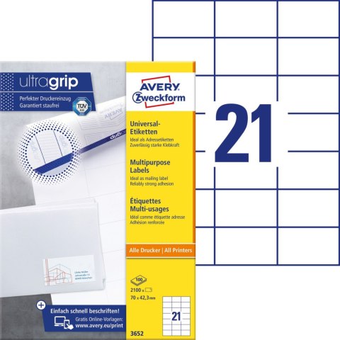 Etykiety A4 białe(100arkuszy) 70x42.3mm 3652 AVERY ZWECKFORM Etykiety A4 białe(100arkuszy) 70x42.3mm 3652 AVERY ZWECKFORM