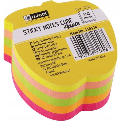 Bloczek samoprzylepny 70x70mm 400k neonowy 5 kolorów JABŁKO (110514) D.RECT Bloczek samoprzylepny 70x70mm 400k neonowy 5 kolorów JABŁKO (110514) D.RECT