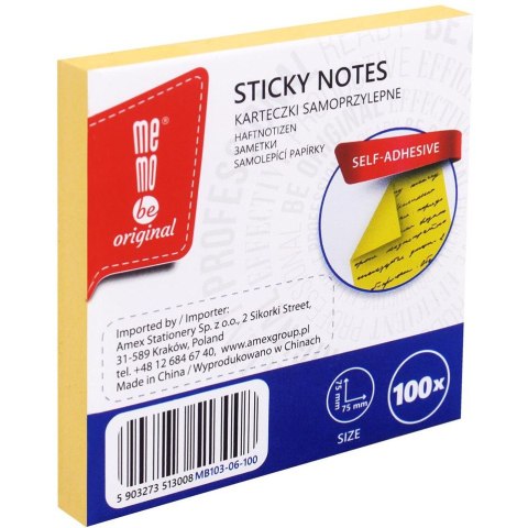 Bloczek samoprzylepny 75x75mm 100k żółty MB103-06-100 MEMOBE Bloczek samoprzylepny 75x75mm 100k żółty MB103-06-100 MEMOBE