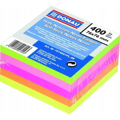 Bloczek samoprzylepny 76x76mm 400k neonowy 5 kolorów DONAU 7574001PL-99 Bloczek samoprzylepny 76x76mm 400k neonowy 5 kolorów DONAU 7574001PL-99