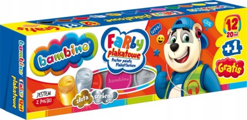 Farby plakatowe 12 kolorów, 20ml + 1 farba cielista gratis BAMBINO Farby plakatowe 12 kolorów, 20ml + 1 farba cielista gratis BAMBINO