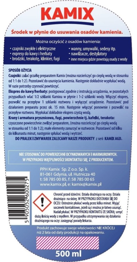 Preparat do usuwania kamienia KAMIX odkamieniacz w płynie do ekspresów i czajników 500ml Preparat do usuwania kamienia KAMIX odkamieniacz w płynie do ekspresów i czajników 500ml