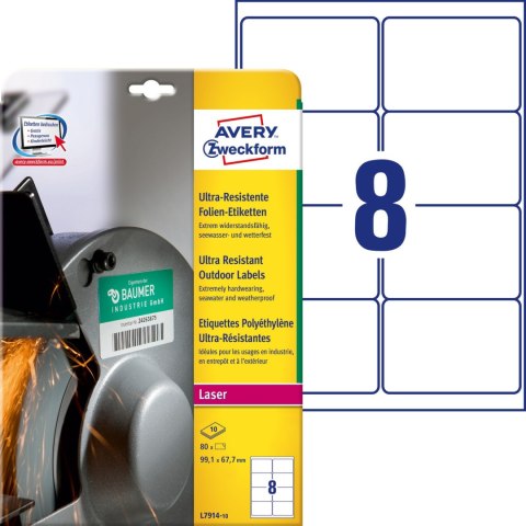 Etykiety foliowe A4 białe (10 arkuszy) 99,1x67,7mm L7914-10 do użytku zewnętrznego AVERY ZWECKFORM Etykiety foliowe A4 białe (10 arkuszy) 99,1x67,7mm L7914-10 do użytku zewnętrznego AVERY ZWECKFORM