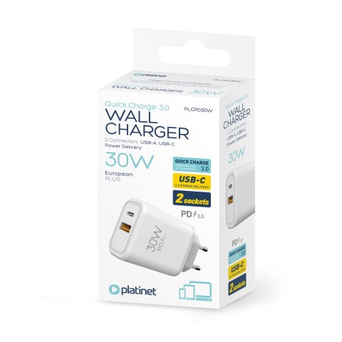 Ładowarka sieciowa 230V PLATINET 1xUSB-A + 1xUSB-C 30W biała Ładowarka sieciowa 230V PLATINET 1xUSB-A + 1xUSB-C 30W biała