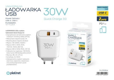 Ładowarka sieciowa 230V PLATINET 1xUSB-A + 1xUSB-C 30W biała Ładowarka sieciowa 230V PLATINET 1xUSB-A + 1xUSB-C 30W biała