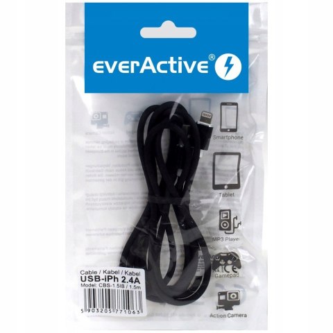 Kabel USB-A -> Lightning 1,5m 2,4A silikonowy czarny EVERACTIVE (CBS-1.5IB) Kabel USB-A -> Lightning 1,5m 2,4A silikonowy czarny EVERACTIVE (CBS-1.5IB)