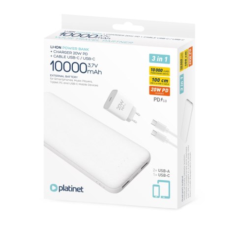 Powerbank 10000mAh + ładowarka sieciowa 230V USB-C 20W + kabel USB-C -> USB-C 1m PLATINET biały (45998) Powerbank 10000mAh + ładowarka sieciowa 230V USB-C 20W + kabel USB-C -> USB-C 1m PLATINET biały (45998)