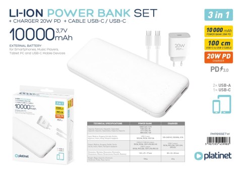Powerbank 10000mAh + ładowarka sieciowa 230V USB-C 20W + kabel USB-C -> USB-C 1m PLATINET biały (45998) Powerbank 10000mAh + ładowarka sieciowa 230V USB-C 20W + kabel USB-C -> USB-C 1m PLATINET biały (45998)
