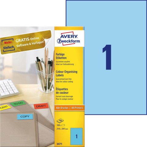 Etykiety A4 niebieskie(100 arkuszy)210x297mm 3471 AVERY ZWECKFORM Etykiety A4 niebieskie(100 arkuszy)210x297mm 3471 AVERY ZWECKFORM