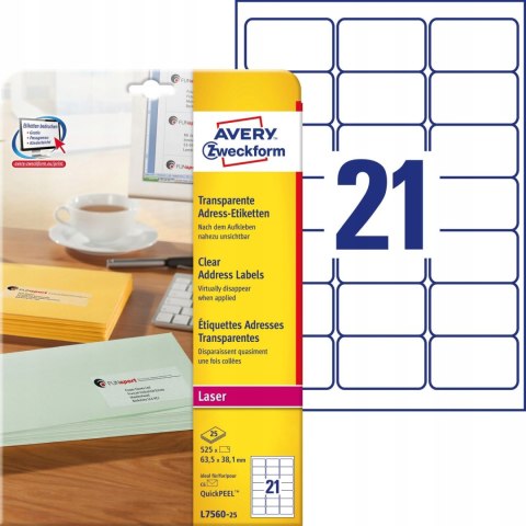 Etykiety A4 przezroczyste (25 arkuszy) 63.5x38mm L7560-25 AVERY ZWECKFORM Etykiety A4 przezroczyste (25 arkuszy) 63.5x38mm L7560-25 AVERY ZWECKFORM