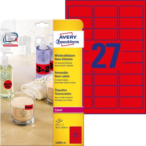 Etykiety neon czerwone(25ark)63,5x29,6mm L6003-25 LK AVERY ZWECKFORM Etykiety neon czerwone(25ark)63,5x29,6mm L6003-25 LK AVERY ZWECKFORM