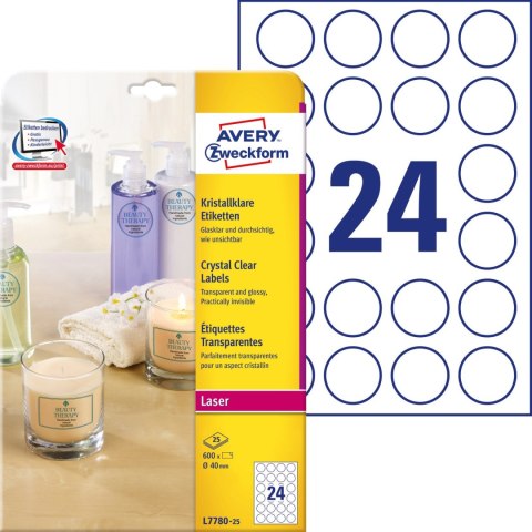 Etykiety śr.40mm przezroczyste (25 ark) L7780-25 AVERY ZWECKFORM Crystal Clear Etykiety śr.40mm przezroczyste (25 ark) L7780-25 AVERY ZWECKFORM Crystal Clear