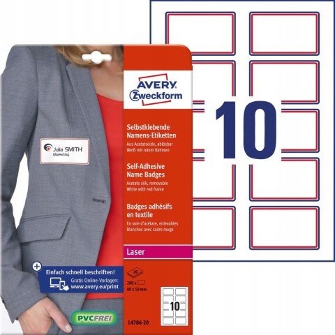 Identyfikator do zadruku samoprzylepny 80x50mm biały ramka czerwona L4786-20 AVERY ZWECKFORM Identyfikator do zadruku samoprzylepny 80x50mm biały ramka czerwona L4786-20 AVERY ZWECKFORM