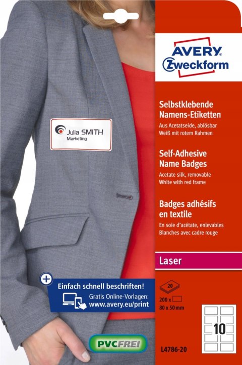 Identyfikator do zadruku samoprzylepny 80x50mm biały ramka czerwona L4786-20 AVERY ZWECKFORM Identyfikator do zadruku samoprzylepny 80x50mm biały ramka czerwona L4786-20 AVERY ZWECKFORM