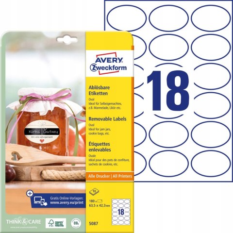 Usuwalne etykiety na przetwory A4 10 ark. 63,5 x 42,3 owalne białe 5087 AVERY ZWECKFORM Usuwalne etykiety na przetwory A4 10 ark. 63,5 x 42,3 owalne białe 5087 AVERY ZWECKFORM