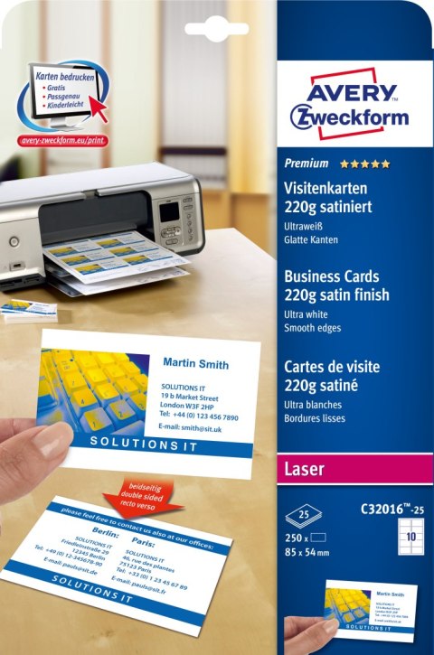 Papier wizytówkowy biały satyna 85x54mm 220g C32016-25 Quick&Clean AVERY ZWECKFORM Papier wizytówkowy biały satyna 85x54mm 220g C32016-25 Quick&Clean AVERY ZWECKFORM