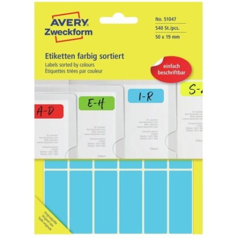 Etykieta w 5 kolorach 50x19mm (30 arkuszy = 540 etykiet) do opisu ręcznego 51047 AVERY ZWECKFORM Etykieta w 5 kolorach 50x19mm (30 arkuszy = 540 etykiet) do opisu ręcznego 51047 AVERY ZWECKFORM
