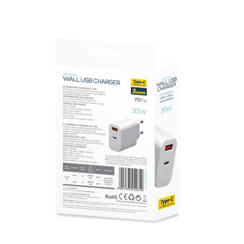 Ładowarka sieciowa 230V PLATINET 1xUSB-A + 1xUSB-C 30W biała (45481) Ładowarka sieciowa 230V PLATINET 1xUSB-A + 1xUSB-C 30W biała (45481)