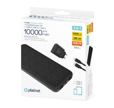Powerbank 10000mAh + ładowarka sieciowa 230V USB-C 20W + kabel USB-C -> USB-C 1m PLATINET czarny (45993) Powerbank 10000mAh + ładowarka sieciowa 230V USB-C 20W + kabel USB-C -> USB-C 1m PLATINET czarny (45993)