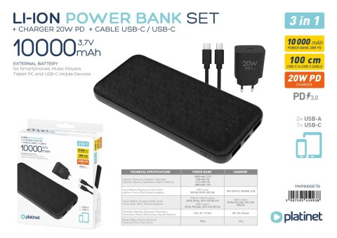 Powerbank 10000mAh + ładowarka sieciowa 230V USB-C 20W + kabel USB-C -> USB-C 1m PLATINET czarny (45993) Powerbank 10000mAh + ładowarka sieciowa 230V USB-C 20W + kabel USB-C -> USB-C 1m PLATINET czarny (45993)