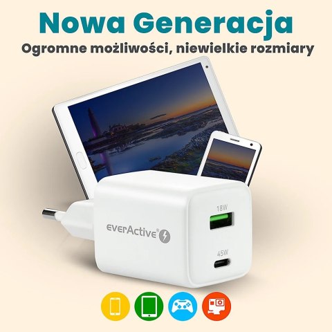 Ładowarka sieciowa 230V EVERACTIVE SC-450Q 1xUSB-A + 1xUSB-C 45W biała Ładowarka sieciowa 230V EVERACTIVE SC-450Q 1xUSB-A + 1xUSB-C 45W biała