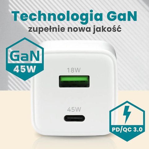 Ładowarka sieciowa 230V EVERACTIVE SC-450Q 1xUSB-A + 1xUSB-C 45W biała Ładowarka sieciowa 230V EVERACTIVE SC-450Q 1xUSB-A + 1xUSB-C 45W biała