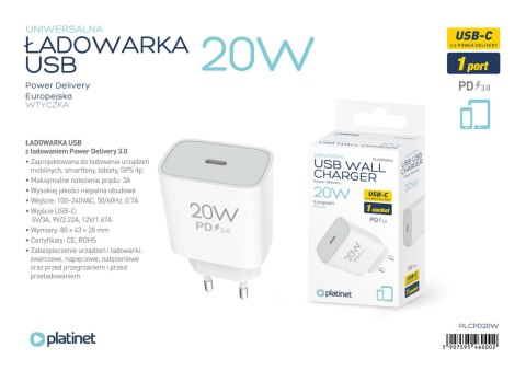 Ładowarka sieciowa 230V PLATINET 1xUSB-A + 1xUSB-C 20W biała (46000) Ładowarka sieciowa 230V PLATINET 1xUSB-A + 1xUSB-C 20W biała (46000)