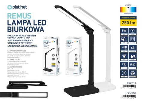 Lampka biurkowa led PLATINET REMUS biała 5W 250lm 4500K z gniazdem USB-A (46010) Lampka biurkowa led PLATINET REMUS biała 5W 250lm 4500K z gniazdem USB-A (46010)