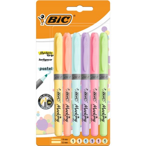 Zakreślacz HIGHLIGHTER GRIP pastelowe kolory opakowanie 6 kolorów 992561 BIC Zakreślacz HIGHLIGHTER GRIP pastelowe kolory opakowanie 6 kolorów 992561 BIC