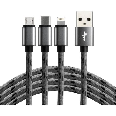 Kabel USB-A -> USB-C/microUSB/Lightning 3w1 1,2m 2,4A pleciony czarny EVERACTIVE (CBB-1.2MCI) Kabel USB-A -> USB-C/microUSB/Lightning 3w1 1,2m 2,4A pleciony czarny EVERACTIVE (CBB-1.2MCI)