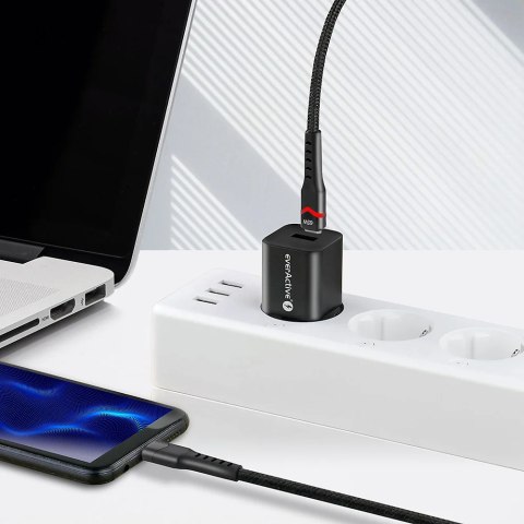 Kabel USB-C -> USB-C 2m 3A 60W pleciony czarny wtyczka z led RGB EVERACTIVE (CBB-2PDR) Kabel USB-C -> USB-C 2m 3A 60W pleciony czarny wtyczka z led RGB EVERACTIVE (CBB-2PDR)