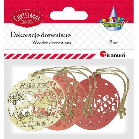 Drewniane zawieszki Bombki kolor z jutowym sznurkiem 3 wzory x 2szt. 413063 TITANUM Drewniane zawieszki Bombki kolor z jutowym sznurkiem 3 wzory x 2szt. 413063 TITANUM