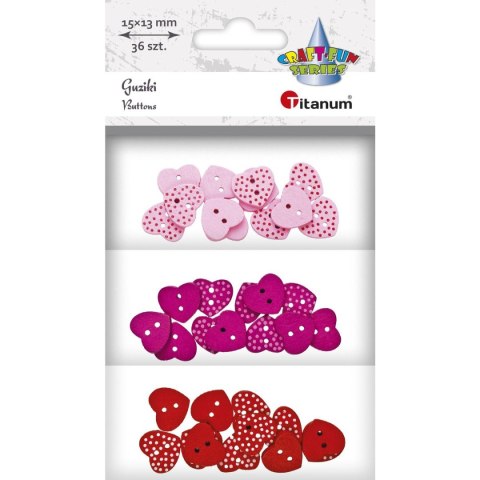 Guziki drewniane serca w kropki 3 kol. 15x13mm 462537 TITANUM Guziki drewniane serca w kropki 3 kol. 15x13mm 462537 TITANUM
